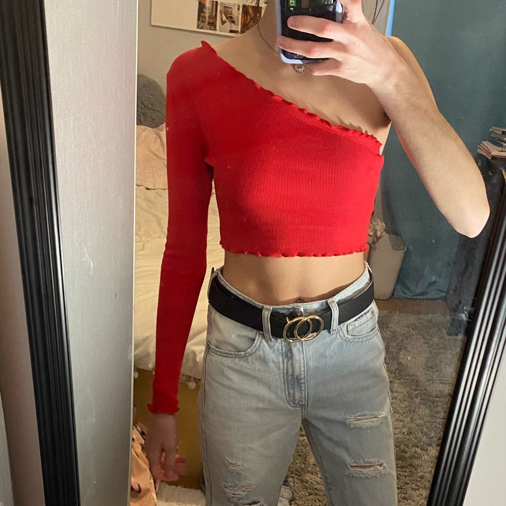 Red One-Sleeved Crop Top